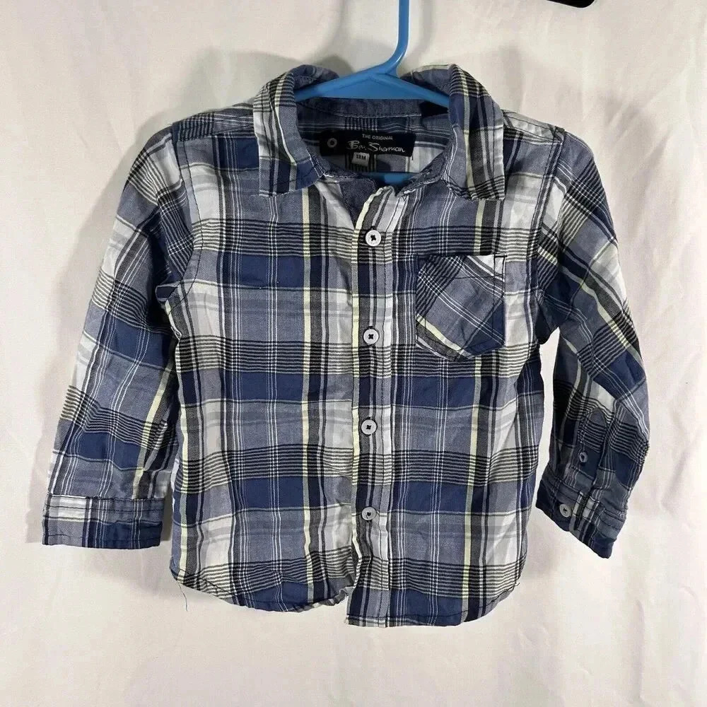 Ben Sherman Shirt Baby Boys 18M Blue Plaid Button Up Long Sleeve Cotton